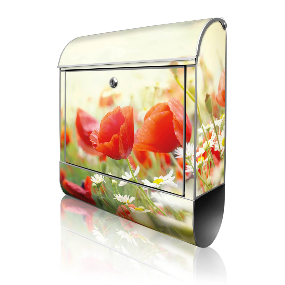 banjado® Design Briefkasten mit Motiv Kamille Und Mohn 39x47x14cm &amp; 2 Schlüssel - Briefkasten Stahl