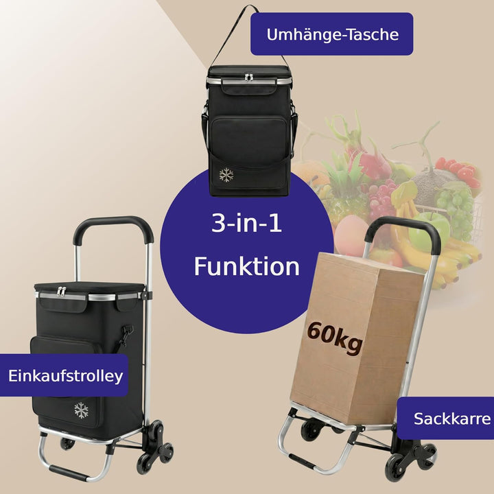 Einkaufstrolley Treppensteiger 64L gross, Einkaufstasche mit Dreirad klappbar, Einkaufswagen bis 60k