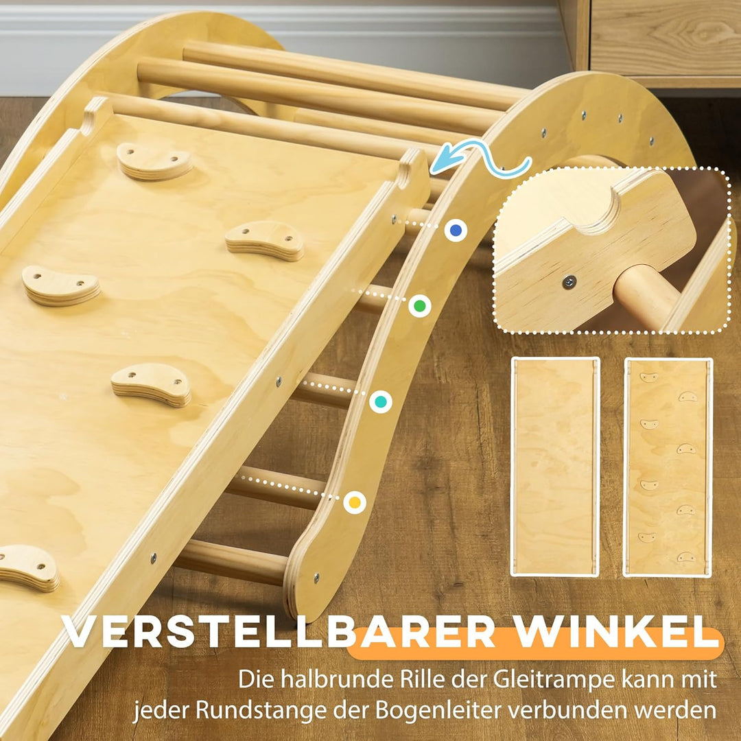 AIYAPLAY 4-in-1 Montessori Klettergerüst Indoor Holz Kletterdreieck mit Kletterbogen, Rutsche & Matt
