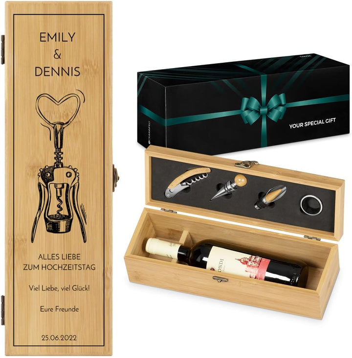 Maverton Weinbox für 0,7L Weinflasche - Wein Holzbox personalisiert + 4er Weinzubehör - Weinset Wein