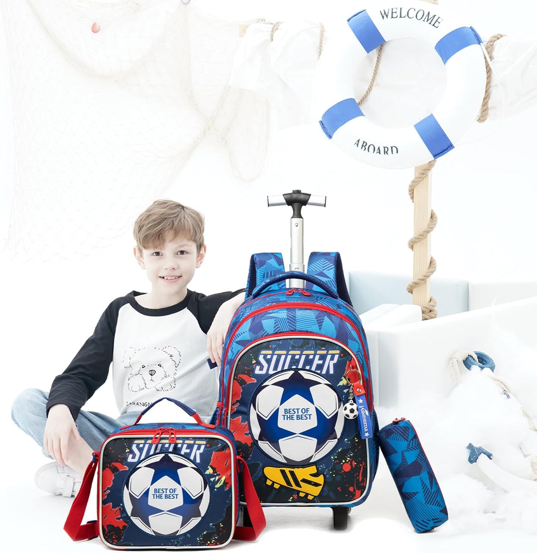 HTgroce Schulranzen mit Rollen, Rucksack mit Trolley für Kinder, für Schule, Reisen, Blau Fu&#xDF;ba