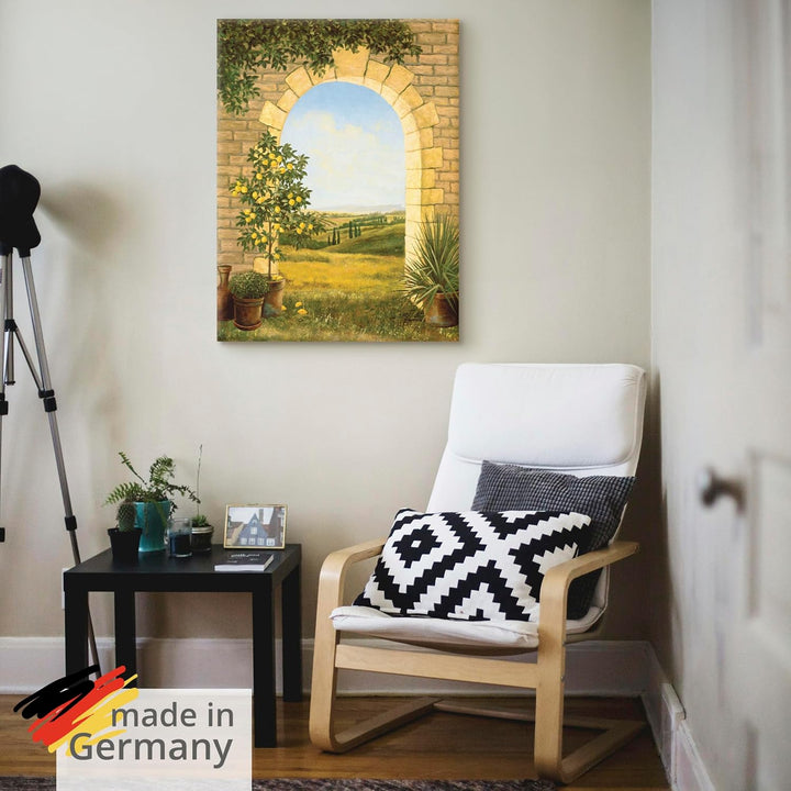 Artland Leinwandbild Wandbild Bild auf Leinwand 60x80 cm Wanddeko Fensterblick Toskana Landschaft Na