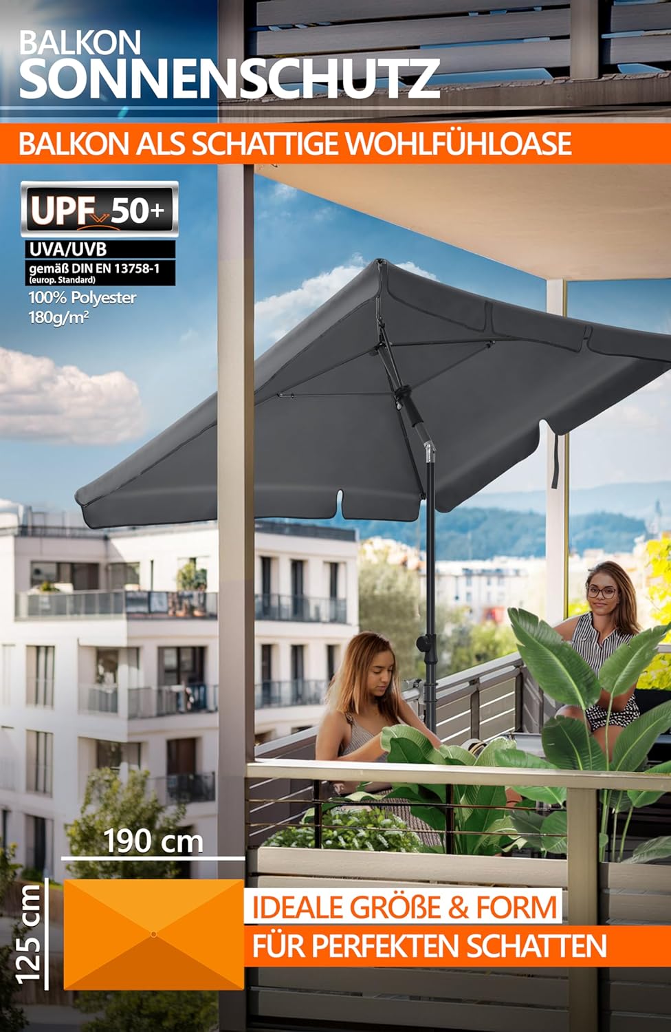 4smile Sonnenschirm Balkon SunnyShade, 3-in-1 SET, Anthrazit - UPF 50+ Sonnenschirm rechteckig 200 x