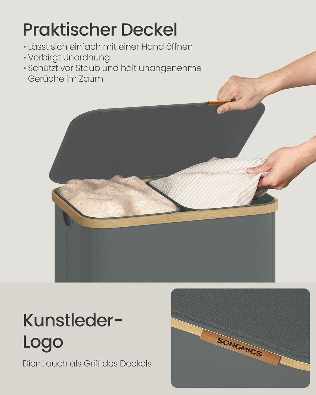 SONGMICS Wäschekorb mit Deckel, Wäschesammler, Wäschesortierer, Wäschetonne, Wäschesack herausnehmba