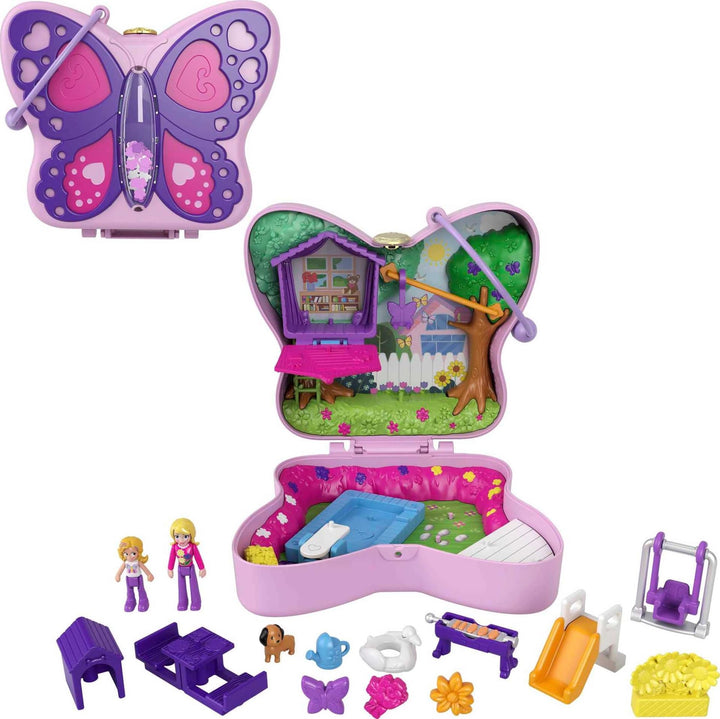 Polly Pocket GTN21 - Schmetterlingsgarten-Schatulle, 2 kleine Puppen, 5 Überraschungen, 13 Zubehörte