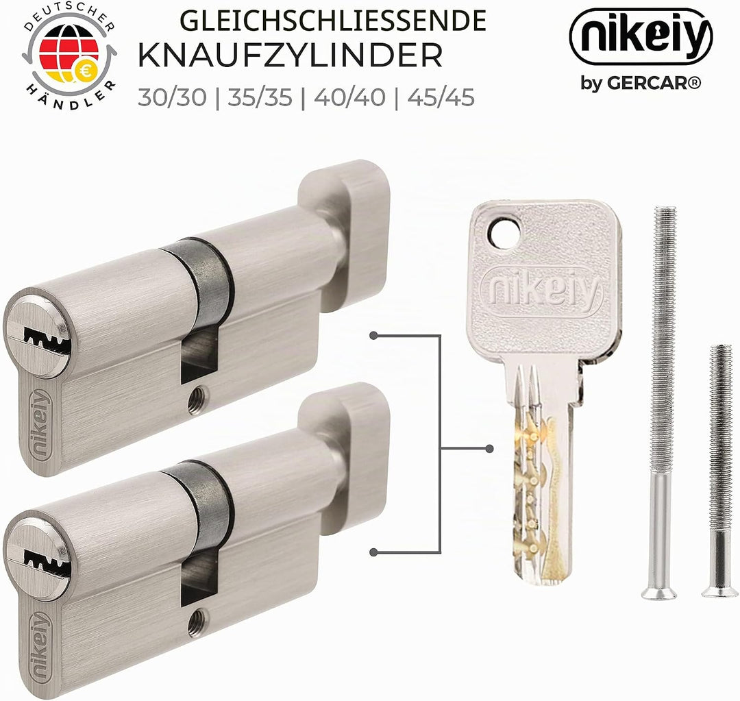 GERCAR Pro Knaufzylinder 30/30 Massiver Schliesszylinder gleichschliessend mit Knauf - 2er Set Zylin