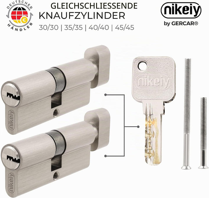 GERCAR Pro Knaufzylinder 30/30 Massiver Schliesszylinder gleichschliessend mit Knauf - 2er Set Zylin