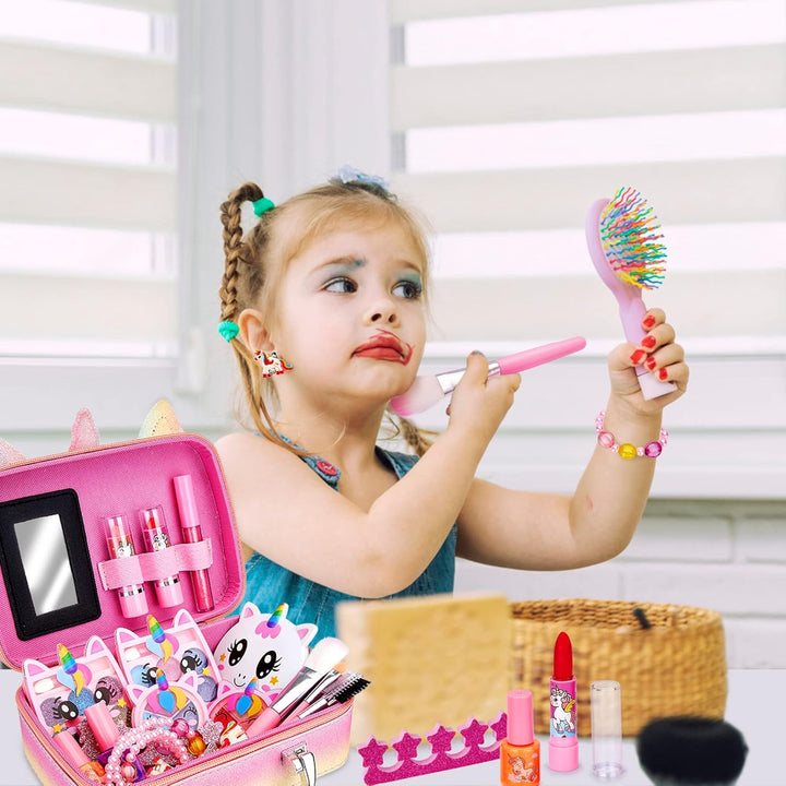 Kinderschminke Set Mädchen, Waschbares, sicheres Make-up-Set für Kinder Mit Einhorn Kosmetiktasche,N