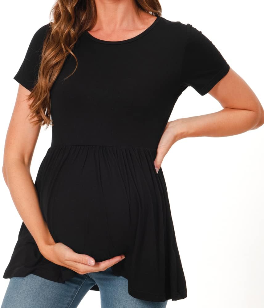 Bearsland Maternity Tops Short Sleeve Scoop Neck Breastfeeding T-Shirt Pregnancy Clothes S Black&nut