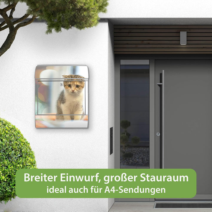 banjado® Design Briefkasten mit Motiv Kleine Katze 39x47x14cm &amp; 2 Schlüssel - Briefkasten Stahl Silb