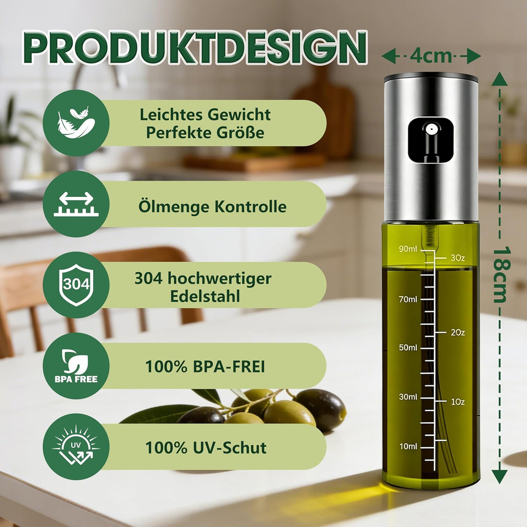 Ölsprüher für Speiseöl, 2 Stück UV-Schutz Sprühflasche Öl, Glas mit Etiketten Öl Zerstäuber Küche Öl
