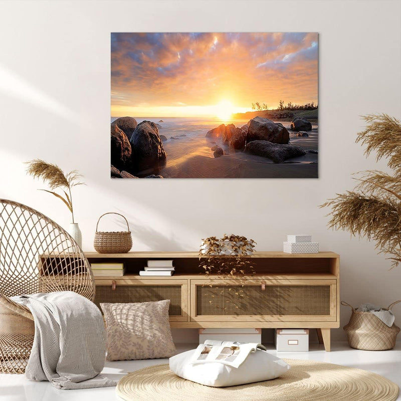 Bilder auf Leinwand 100x70cm Leinwandbild mit Rahmen Meer Strand Felsen Gross Wanddeko Bild Schlafzi