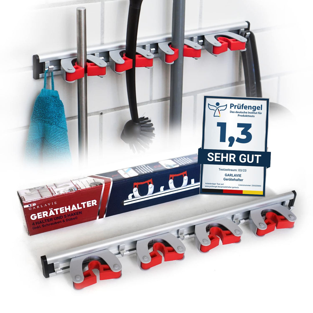 Besenhalterung Wand mit 4 Haltern und 5 Haken (45cm) I robuster Gerätehalter für mehr Ordnung I Prem