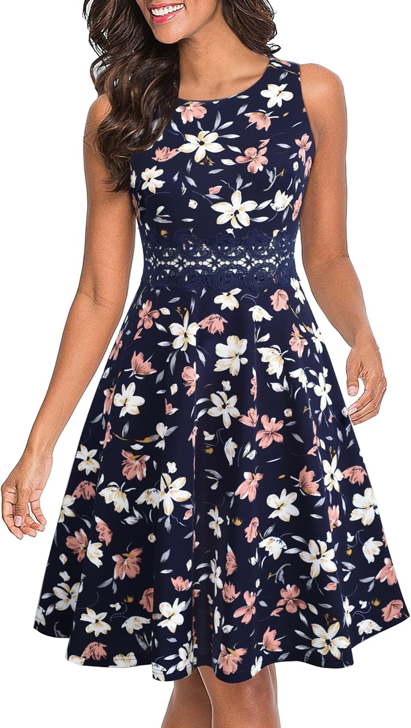 HOMEYEE Damen Vintage Rundhalsausschnitt Blumen Bestickt Knielang Elegant Cocktailkleid UKA079 M Dun