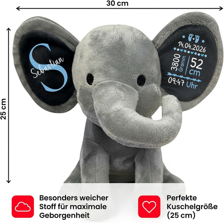 Plüschtier - Personalisiertes Babygeschenk zur Geburt Junge DEKO Elefant Kuscheltier mit Geburtsdate