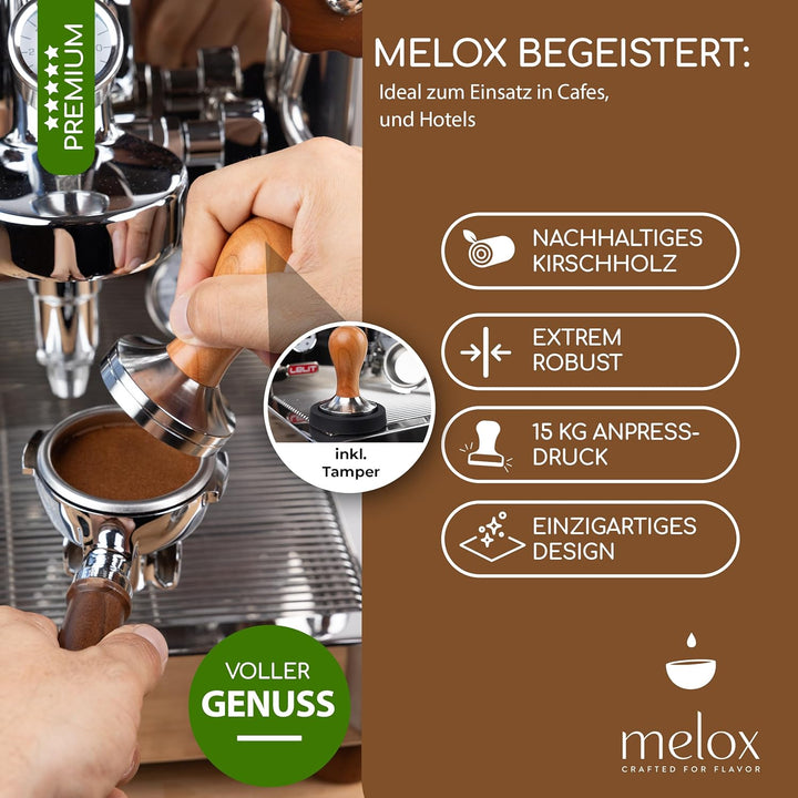 MELOX® - Premium Barista Tamper 58mm aus Edelstahl &amp; Kirschholz (Klassisch) - Kaffee-Stampfer &amp; Kaff