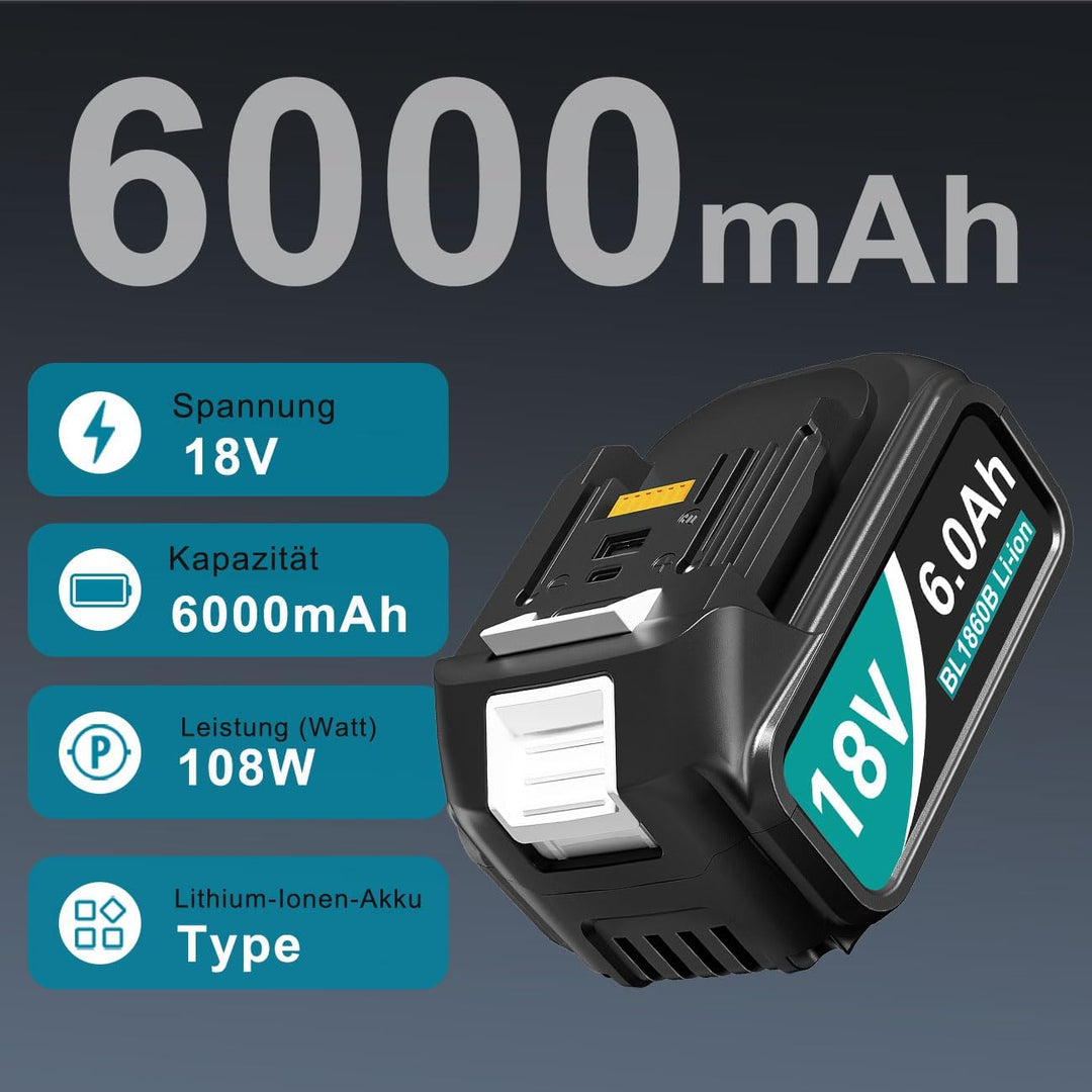 2X6.0Ah Ersatzakku für Makita LXT - Kompatibel mit Makita 18V Geräten &amp; Ladegeräten - Lithium-Ionen