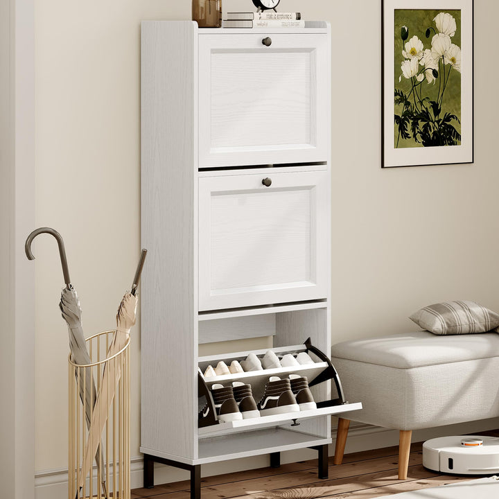 3-Klappen-Schuhschrank, schmaler Holzschrank mit verstellbaren Trennwänden für 14–18 Paar, ideal für
