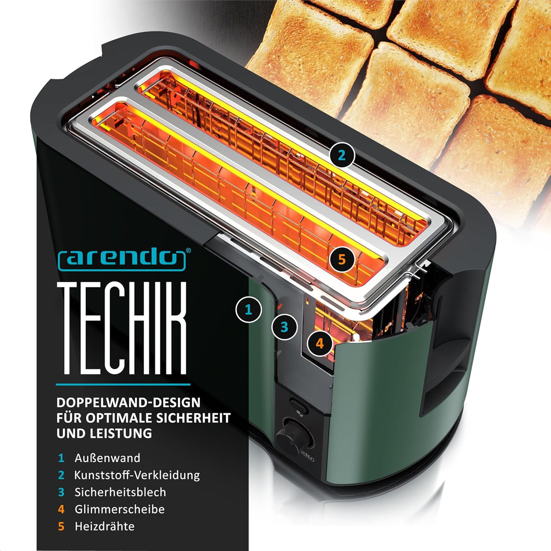 Arendo - Edelstahl Toaster Langschlitz 4 Scheiben - Defrost Funktion - wärmeisolierendes Gehäuse - m