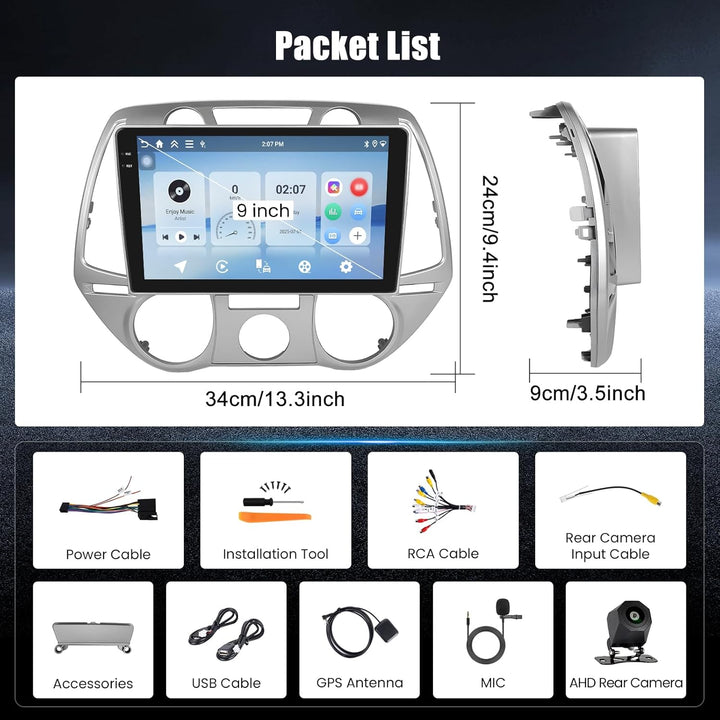 Hikity 4+64G Android 15 Autoradio für Hyundai i20 2008-2012, 9" Bildschirmradio mit Wireless CarPlay