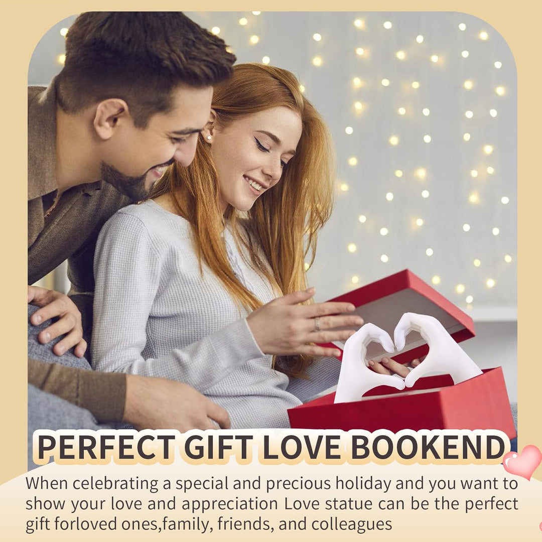 Weisse Buchstützen Set aus Resin - Herz & Hände Skulptur als Buchstütze, dekorative Bookends für Büc