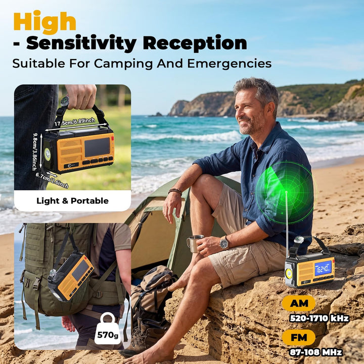 Esky Kurbelradio, 10000mAh Solar Notfallradio mit AM/FM Wiederaufladbare Weltempfänger, USB Lader, L