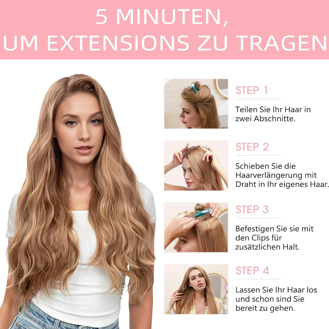 Silk-co Haarverlängerung mit Gummiband 40cm, Lange Gewellte Extensions mit Draht und Clips, Einstell