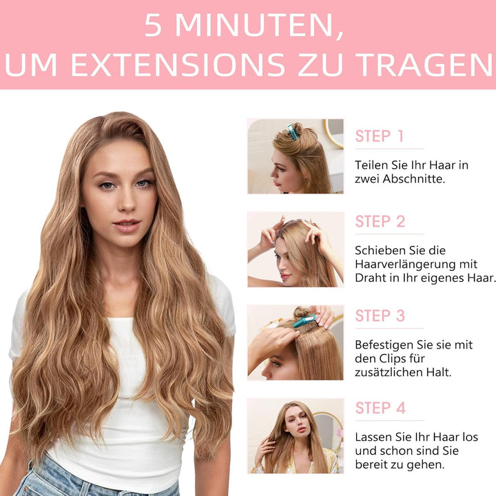 Silk-co Haarverlängerung mit Gummiband 40cm, Lange Gewellte Extensions mit Draht und Clips, Einstell