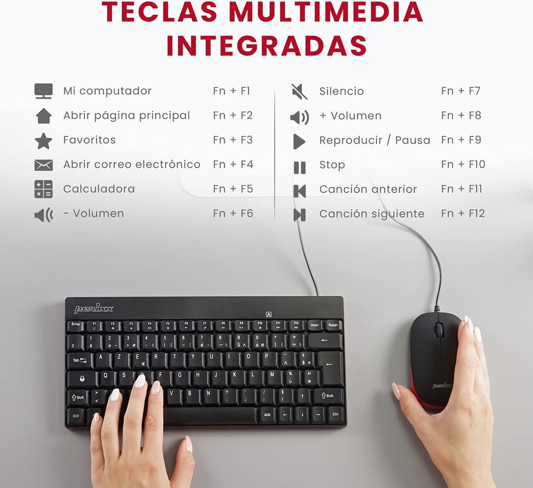 Perixx PERIDUO-212 Combo Teclado pequeño y Ratón Con Cable para Windows, 12 Teclas Multimedia, Layou