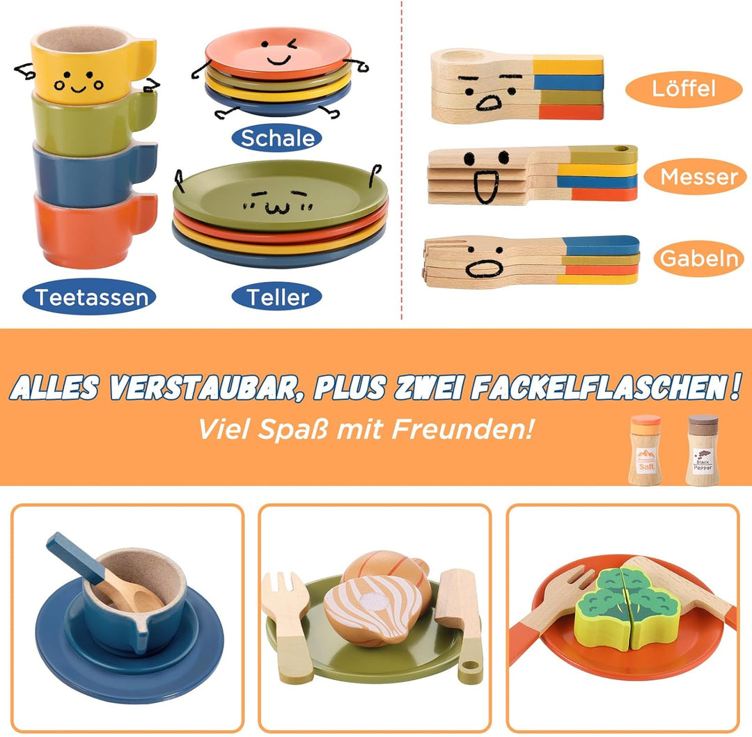 GAGAKU Geschirrset aus Holz Kinder Kinderküchen Spielküche Zubehör Küchenzubehör Kinder Holz 1_helle