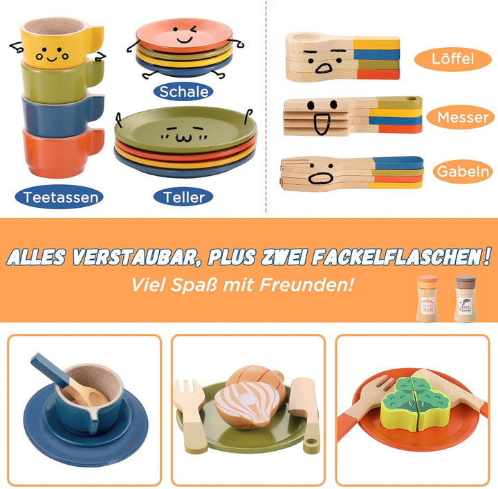 GAGAKU Geschirrset aus Holz Kinder Kinderküchen Spielküche Zubehör Küchenzubehör Kinder Holz 1_helle