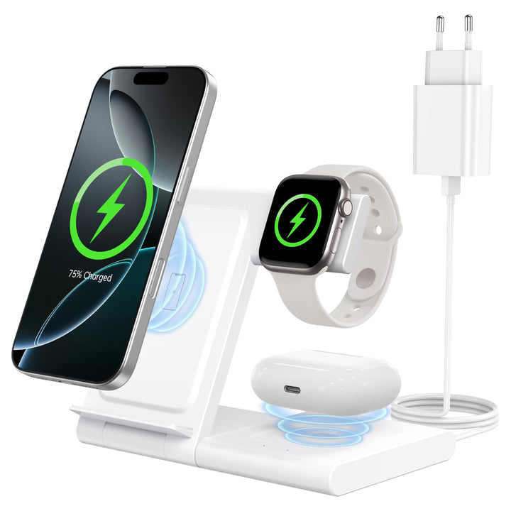 3 in 1 Induktions Ladestation für iPhone 17/16/15/14/13/12, Schnellladegerät 15W für Apple Watch Ult