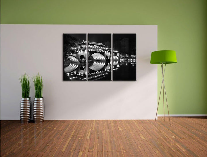 Pixxprint hellerleuchtete chinesische Brücke als Leinwandbild/Grösse: 3 Teilig (120x80) cm/Wandbild/