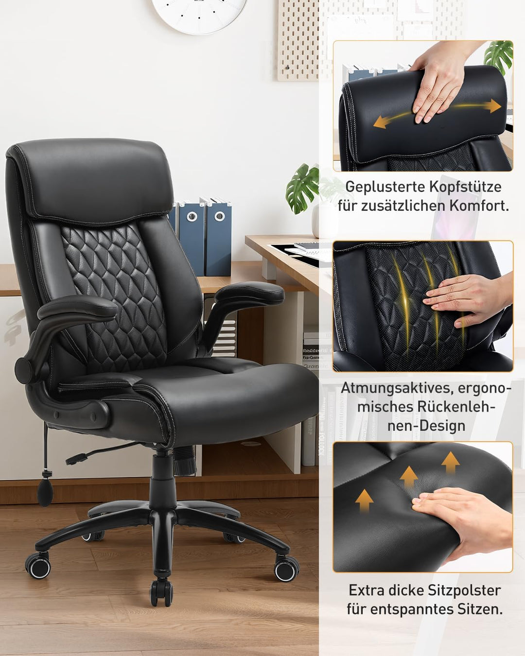 COLAMY Ergonomischer Chefsessel mit Lordosenstütze, gepolsterten Hochklapparmen und Kippverstellung
