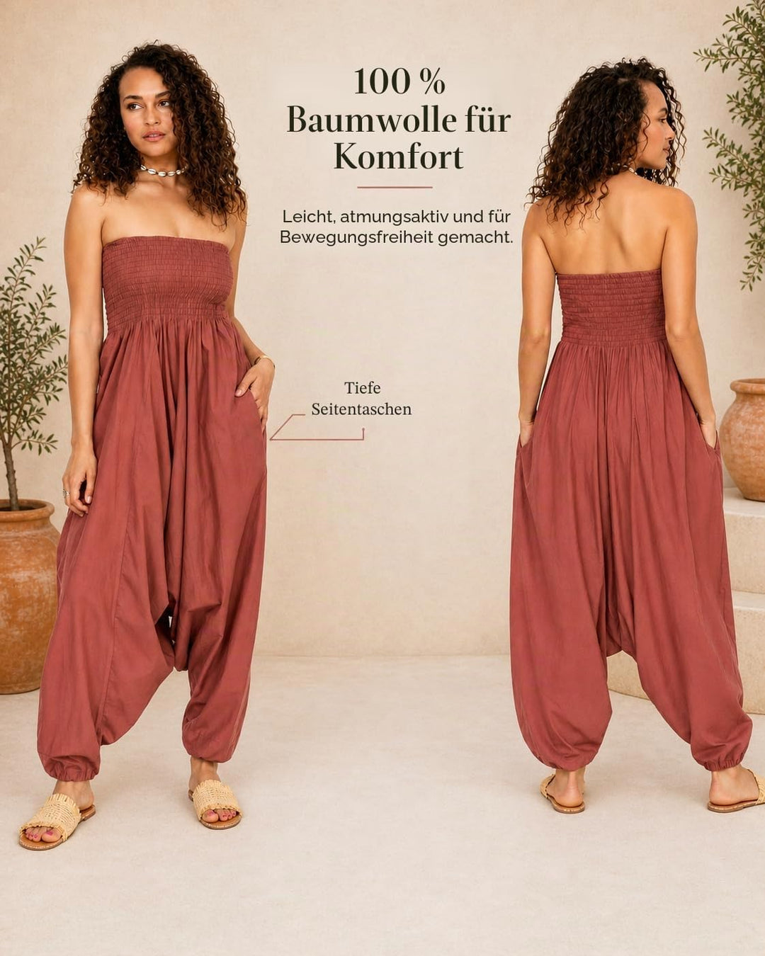 likemary Jumpsuit Damen Sommer – 2-in-1 Baumwoll Einteiler & Haremshose mit Taschen – Luftige Boho P