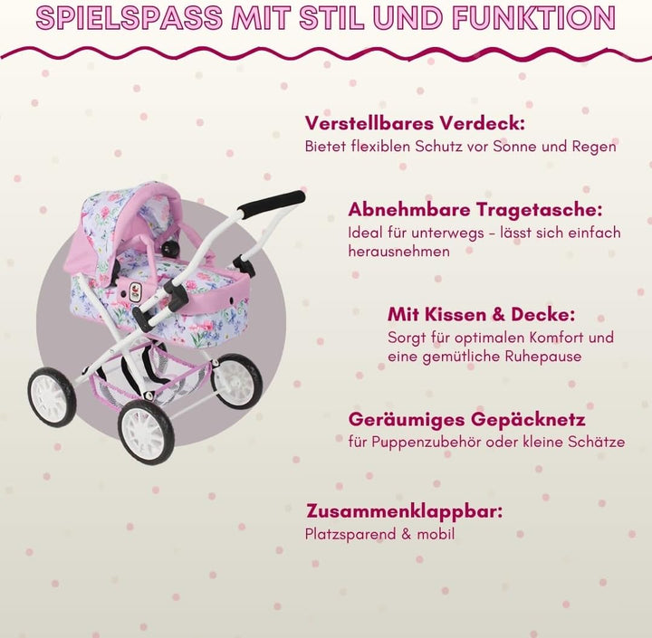 Bayer Chic 2000 - Puppenwagen Smarty, Kleiner Puppenwagen für Kinder ab 2 Jahren, Flowers, rosa, 555