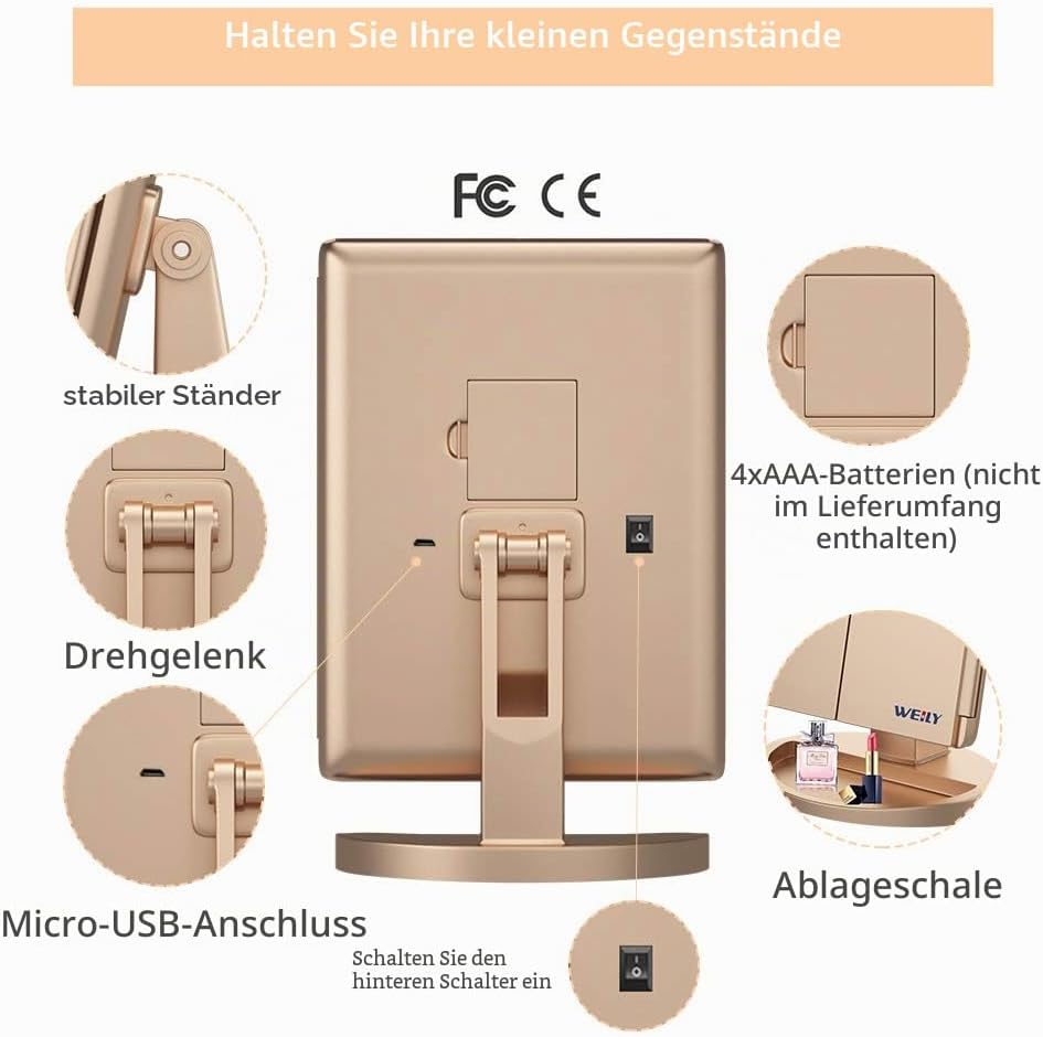 WEILY Schminkspiegel mit Beleuchtung, Faltbare Kosmetikspiegel mit 1X/2X/3X Vergrösserung, Schminksp