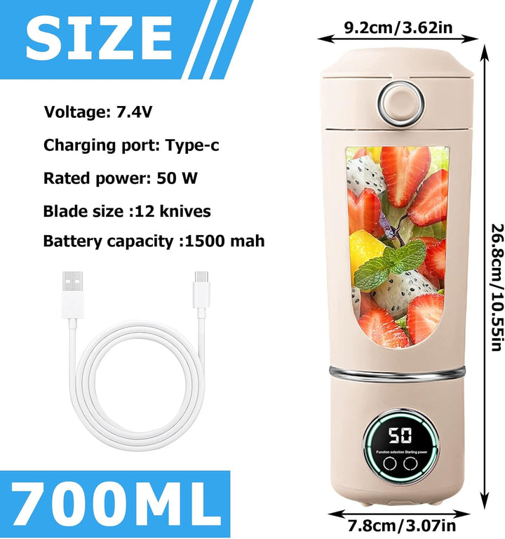 Tragbarer Mixer, Mini Standmixer, Portable Blender, 700ML Mini Blender, Wiederaufladbarer Typ-C, 12