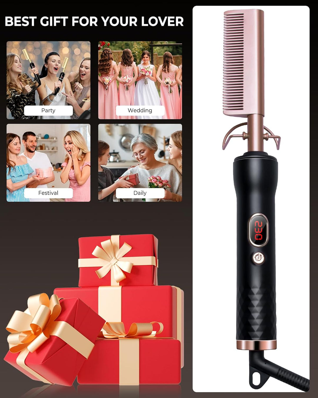 UKLISS Hot Comb, Haarglätter Kamm, Glättkamm, Hot Comb for Wig, Thermal Brush mit LCD 120-230℃, Hair
