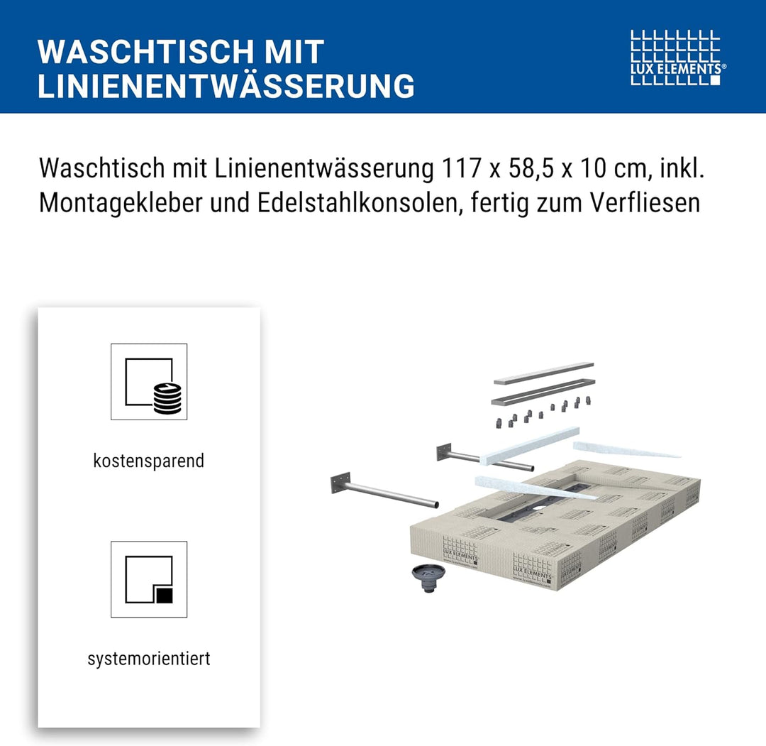 LUX ELEMENTS Waschtisch für Aufsatzwaschbecken - Fertig zum Verfliesen I Mit Ablaufrinne Inkl. Monta