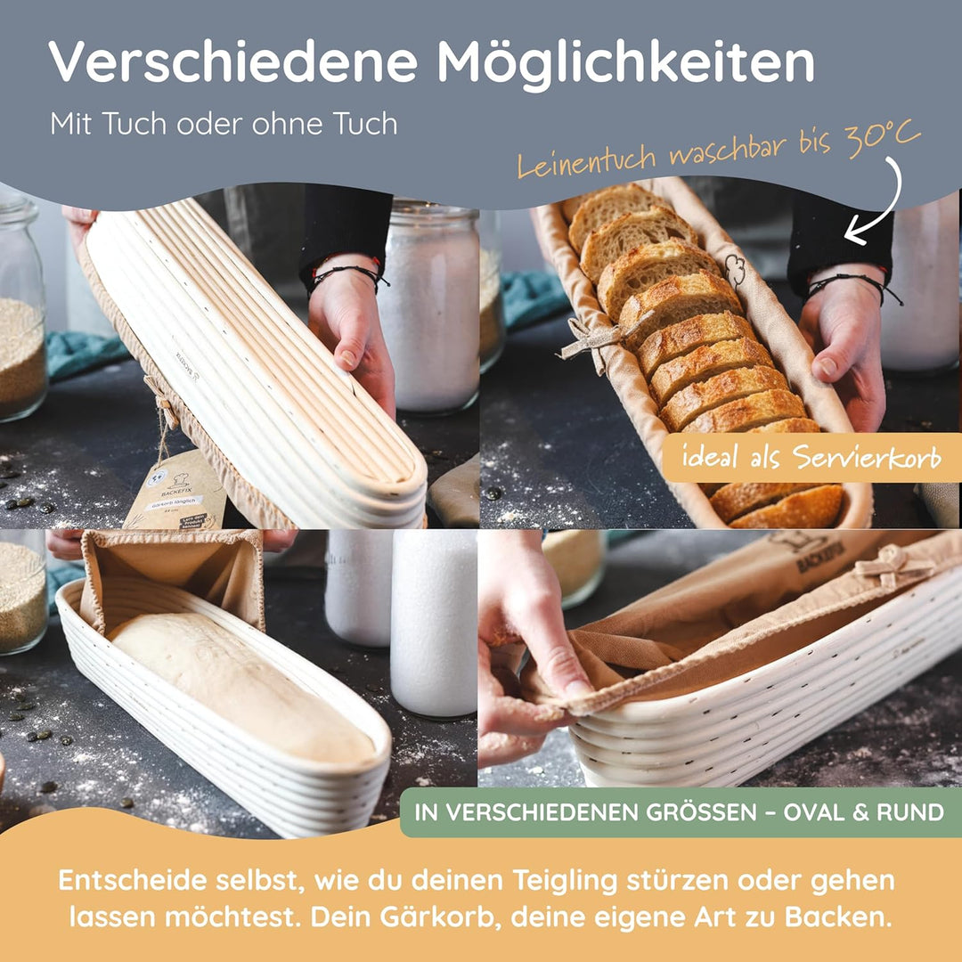 Backefix Gärkörbchen oval 44cm für Baguette | länglicher Gärkorb handgefertigt aus Rattan mit Leinen