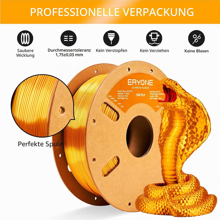 ERYONE Silk PLA Filament 1.75 mm, 3D-Drucker Filament PLA, 0,03 mm, 1 kg/Spule, Seide Golden Silk PL