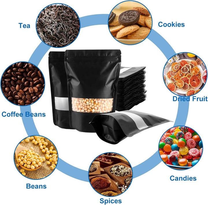 MIVIDE 100 Stück Wiederverschliessbare Mylar Beutel, 15 x 22 cm Standbodenbeutel mit Fenster Schwarz