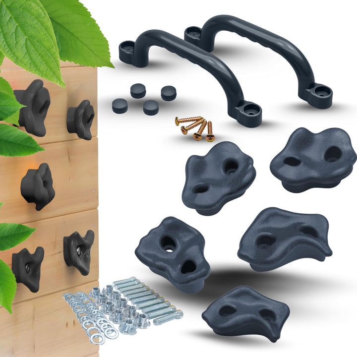 Klettergriffe Kinder Set: 5 Klettersteine Kinder in Grau, 2 Haltegriffe, Kletterwand Zubehör - Klett