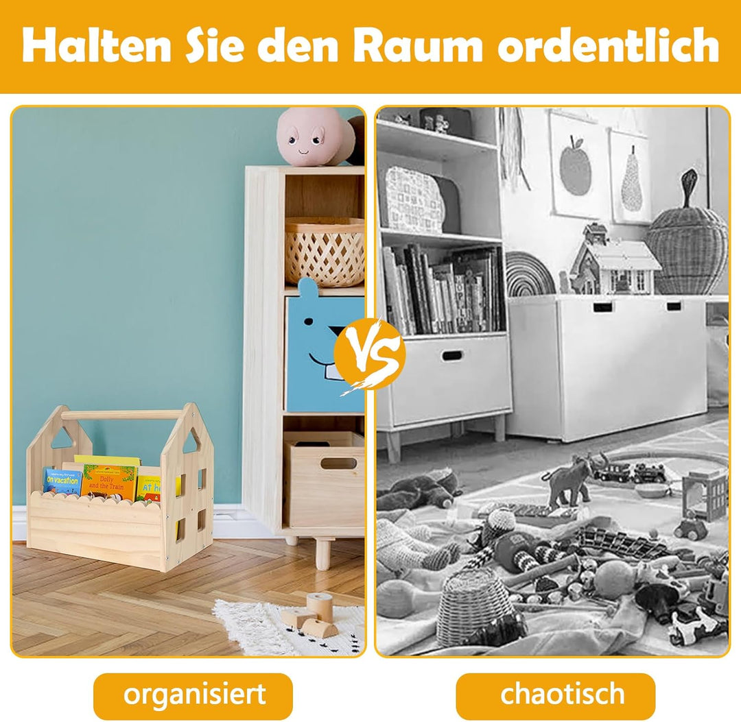 BüCherregal Kinder Kieferholz,NatüRliche Farbe Montessori BüCherregal Mit Griff 2 AblagefäChern,BüCh
