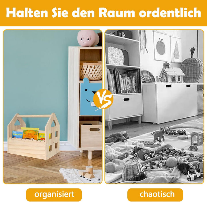 BüCherregal Kinder Kieferholz,NatüRliche Farbe Montessori BüCherregal Mit Griff 2 AblagefäChern,BüCh