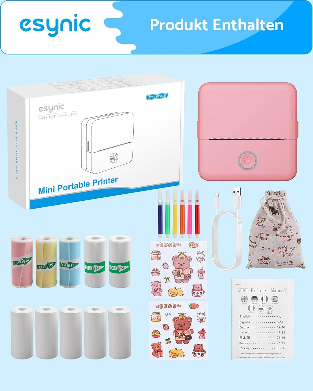 eSynic Mini Thermodrucker Tragbarer Bluetooth-Drucker für Fotos Notizen & Etiketten 200dpi Kompatibe