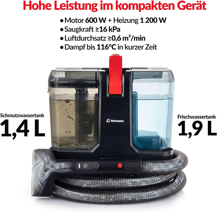 LEHMANN SteamWash 1800 Waschsauger & Dampfreiniger 4in1, Polsterreiniger und Teppichreiniger mit War