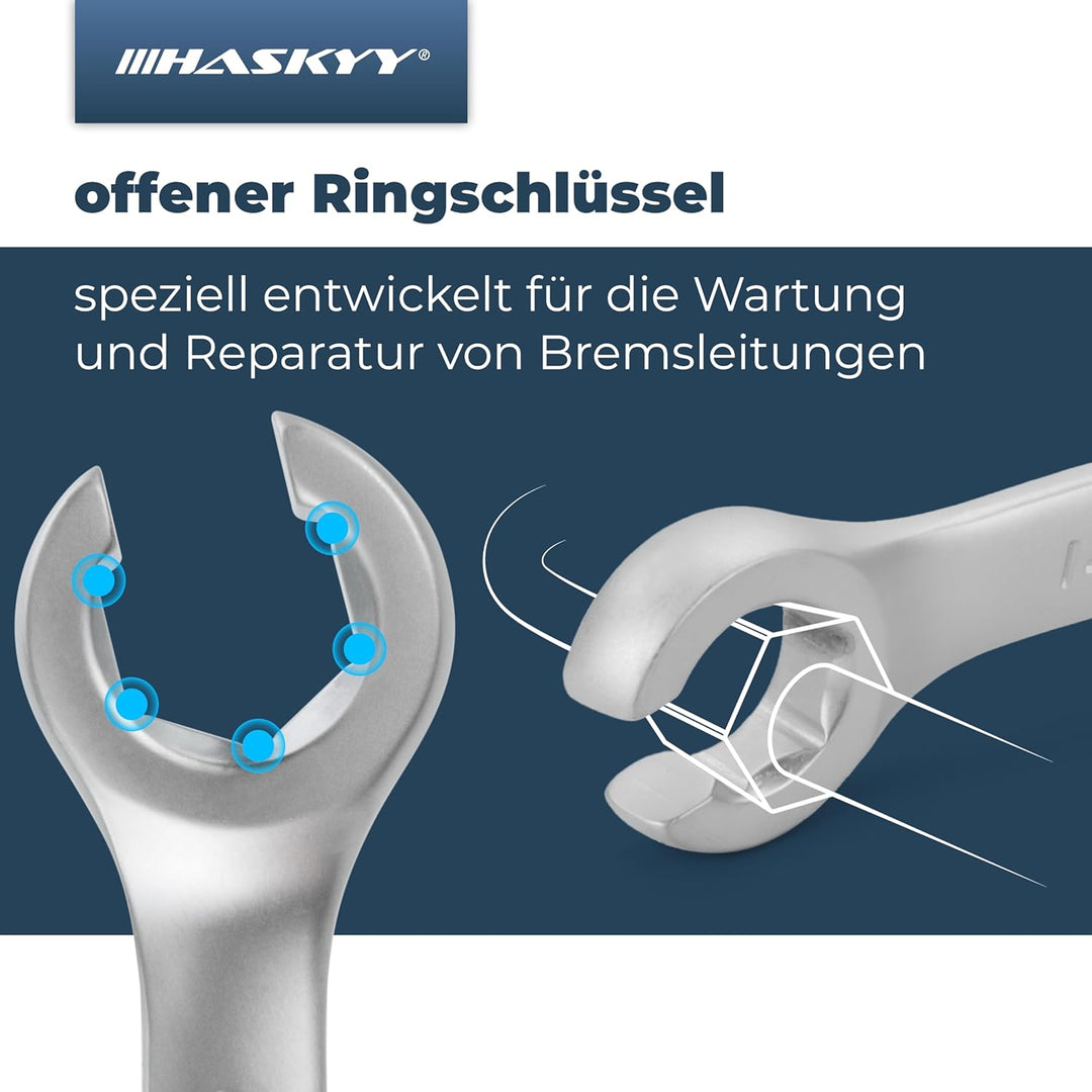 HASKYY Bremsleitungsschlüssel Set Maulschlüssel offener 7 tlg. Doppelringschlüssel 6-22 mm Satz Ring