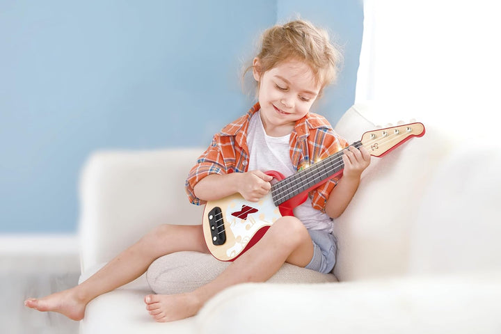 Hape Elektrische Ukulele mit stimmbaren Saiten und Führungslichtern für Kinder ab 3 Jahren, rot